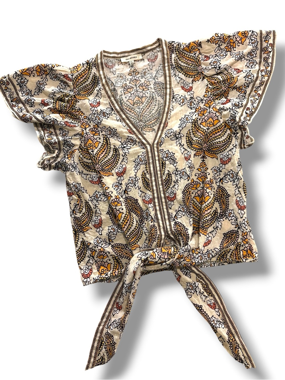 Bohemian Paisley Blouse and Midi Skirt Set Max Studio Cream Orange Black